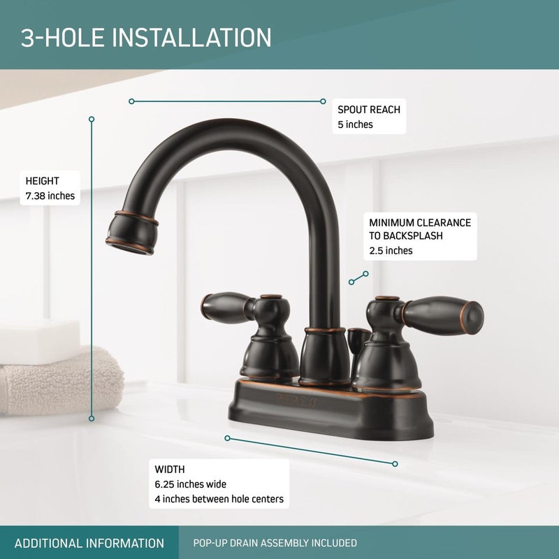 Peerless Claymore Centerset Bathroom Faucet, Oil Rubbed Bronze Bathroom Sink Faucet, 2 Handle Bathroom Faucet, Pop-Up Drain Assembly, Oil Rubbed Bronze P299685LF-OB - Image 2